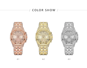 Diamond-set men's quartz watches in rose gold, gold, and silver finishes with Roman numerals