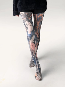 Detail of thin printed tights featuring vintage Ukiyo-e style pattern for women
