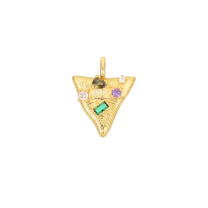 Gold plated 14K copper triangle pendant with colorful gemstones and feather texture