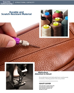 Close-up of scratch-resistant brown litchi pattern leather waist bag fabric and stitching