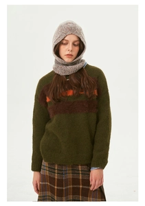 Detail of olive green knit sweater with brown fur trim and grey balaclava hat