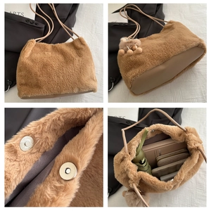 Detail view of brown plush tote bag interior capacity and magnetic snap closure design