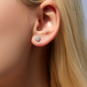 Classic S925 sterling silver cushion-cut moissanite stud earrings on female model