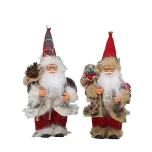 Standing Santa Claus figurines with plaid hats and fur trim for Christmas window decor