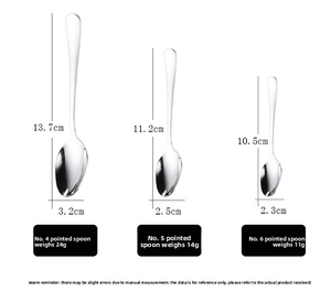 Size chart showing three sizes of polished stainless steel spoons with dimensions and weight