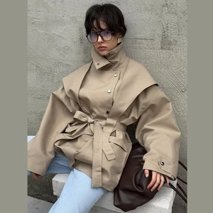 Femme Trench Coat Veste Polyester Taille À Lacets Col Montant Grandes Poches Style Streetwear Travail