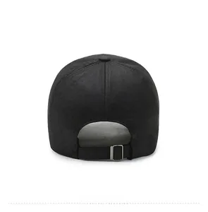 Rear view of black canvas baseball cap with adjustable metal buckle and strap