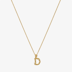 Macro shot of gold D-letter pendant with lava texture and pavé zircon settings