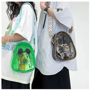 Detailed view of two transparent PVC crossbody bags with large eyes and wide straps