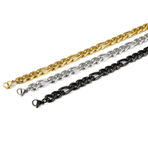 Three Figaro chains in gold, silver, and black stainless steel with lobster clasps