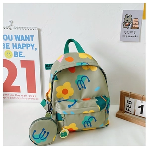 Floral print kids backpack set with matching mini pouch and front zipper pocket detail