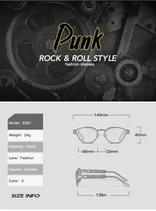 Detailed size chart for steampunk metal sunglasses featuring exact frame measurements