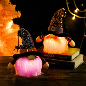 Halloween Gnome Plush Doll Glowing Faceless Wizard With Sequin Hat Spider Vampire Fangs Festival Party Table Decoration