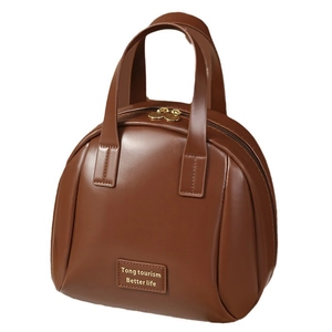 Brown large capacity shell cosmetic bag with leather handle and golden text detail