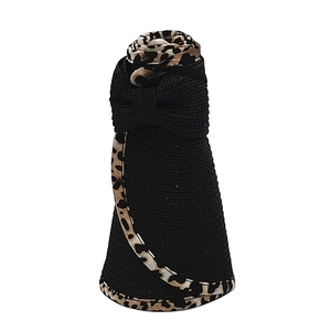 Roll-up black straw sun hat with leopard print trim showing portable folding storage