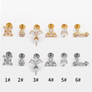 316L stainless steel labret studs with zircon in gold and silver finishes, 12 pieces set