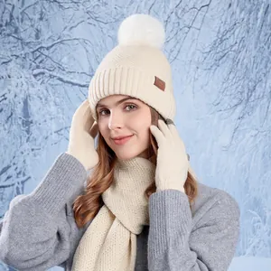 Winter knitted beanie scarf and gloves set in cream white with plush faux fur pom-pom