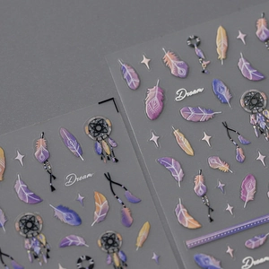 Autocollants ongles attrape-rêves et plumes avec dégradé de violet et de rose