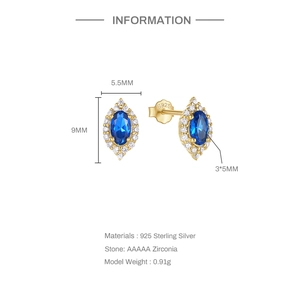 Detail view of S925 sterling silver earrings with blue zirconia and size dimensions