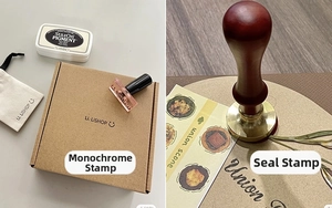 Detail showing round kraft gift box with DIY stamp kit and wax seal accessories