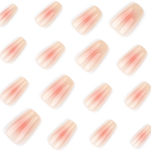 Glossy pink gradient coffin-shaped press-on nails in various sizes on white background