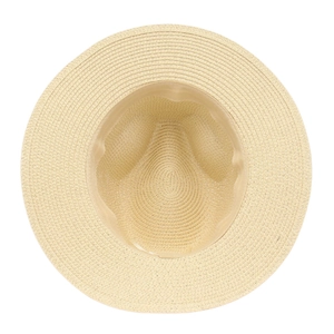 Detailed inner view of beige straw Panama hat showing sweatband and tight weaving