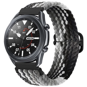 Detailed close-up of a tricolor nylon braided watch band for Samsung Galaxy smartwatches
