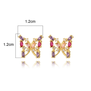 Detail view of gold butterfly stud earrings with colorful zircon stones and 1.2cm size