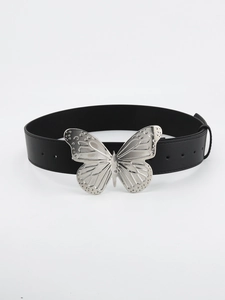 Detail shot of black leather belt featuring a silver metal butterfly buckle design