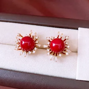 Sonnenblumen Stecker Ohrringe Mit Roter Harzperle Und Klarem Zirkonia Messing Retro Stil Mit Silver Earring Post