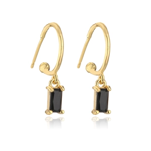 Minimalist gold plated copper earrings featuring rectangular black zircon stone drops