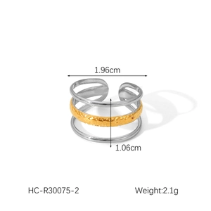 Detailed view of triple-layered 18K gold and silver steel ring with size measurements