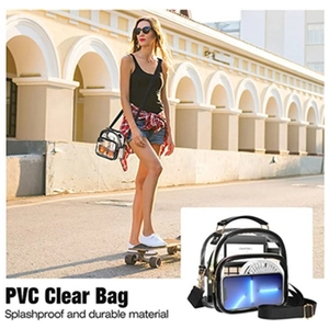 Modern clear PVC crossbody bag shown in use with splashproof durable material and spacious interior