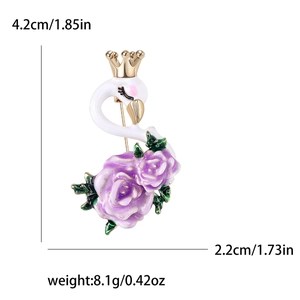 Elegant white swan brooch with purple rose and gold crown, dimensions 4.2cm by 2.2cm