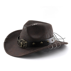 Brown PU leather cowboy hat with silver rings and a bull head metal buckle on a white background