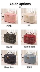 Six colors of tweed cosmetic bags including pink and blue in a grid display