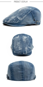 Three-view display of distressed light blue denim beret with vintage bronze buckles