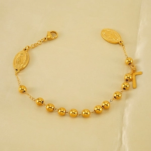 Bracelet Perles Religieux Pour Femmes Hommes Acier Inoxydable Plaqué Or 18K Médaille Vierge Marie Pendentif Croix Bijoux