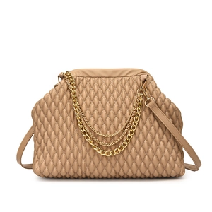 Elegant beige quilted leather evening bag with golden chain and detachable shoulder strap