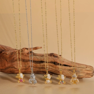 Cute Teddy Bear Pendant Necklace Copper Zircon Micro-Pave Rhinestone Hat Crown Heart Clavicle Chain Jewelry For Women