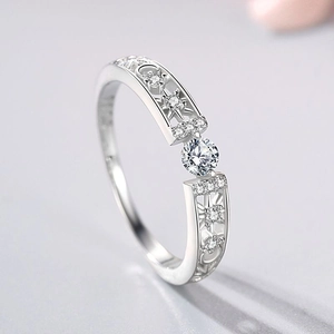 Elegant 925 sterling silver hollow star and moon ring with a sparkling center diamond