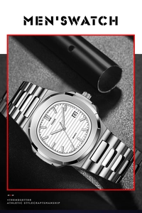Macro shot of the square silver stainless steel watch case with white textured dial