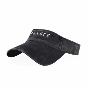 Adjustable washed black cotton visor cap with white CHANCE letter embroidery for sun protection