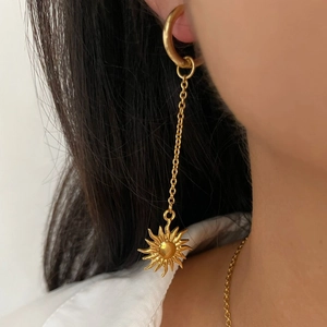 Elegant 18K gold-plated stainless steel sun drop earrings worn by a model in a close-up view