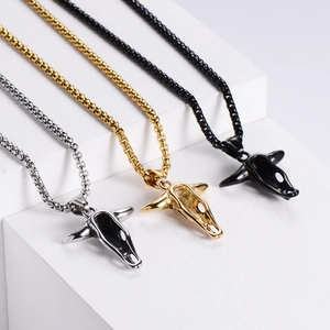 Retro stainless steel bull skull pendant necklace in silver, gold, and black finishes