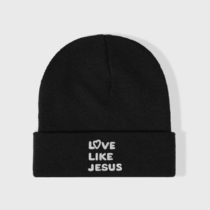 Black knit beanie with Love Like Jesus embroidery and white heart detail for winter wear