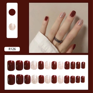 Elegant dark red and silver glitter press-on nails set with 24 multi-size tips