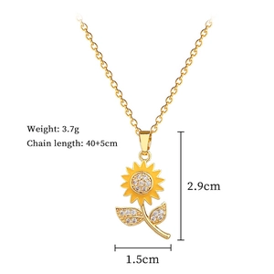 Detailed size and weight specs for sunflower necklace with crystal inlay on white backdrop