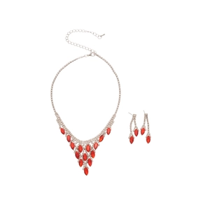 Elegant silver tassel jewelry set with red oval rhinestones for a sophisticated look
