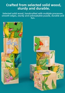Detail of solid wood dinosaur cubes showing smooth rounded edges and colorful patterns